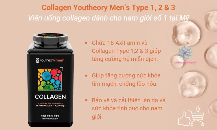 Viên Collagen Youtheory Men Type 1, 2 & 3 Dành Cho Nam 390 Viên Của Mỹ. 1 Collagen men
