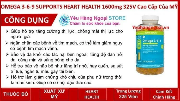 Viên uống Omega 3-6-9 Member's Mark 1600mg 300 viên của Mỹ (mẫu mới). 3 omega-3-6-9-supports-heart-health-1600mg-325v-cao