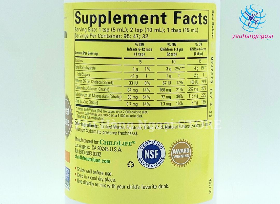Siro Bổ Sung Canxi Cho Bé Từ 6 Tháng Tuổi Liquid Calcium With Magnesium ChildLife 473ml Của Mỹ. 5 Siro Bổ Sung Canxi Cho Bé Từ 6 Tháng Tuổi Liquid Calcium Thành Phần