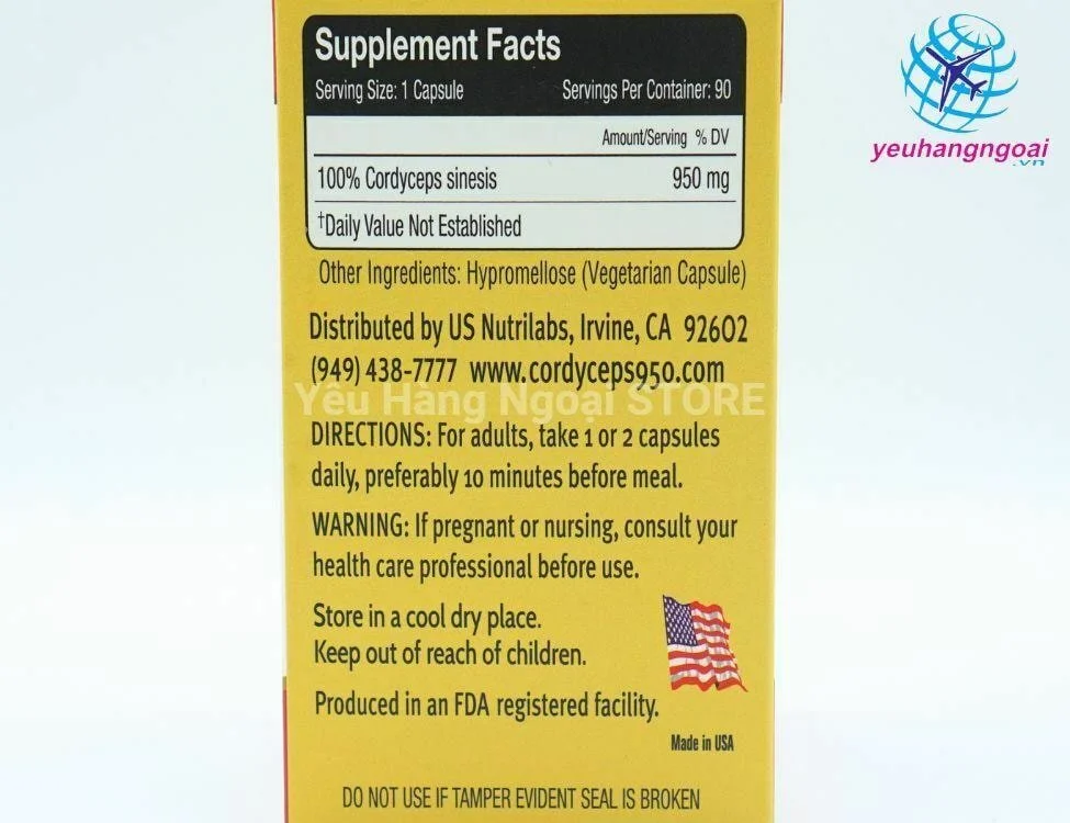 Viên uống đông trùng hạ thảo Cao Cấp Cordyceps 950mg 90 Viên Của Mỹ. 3 Bang thanh phan cua dong trung ha thao Cordyceps 950 mg Us Nutrilab cua My