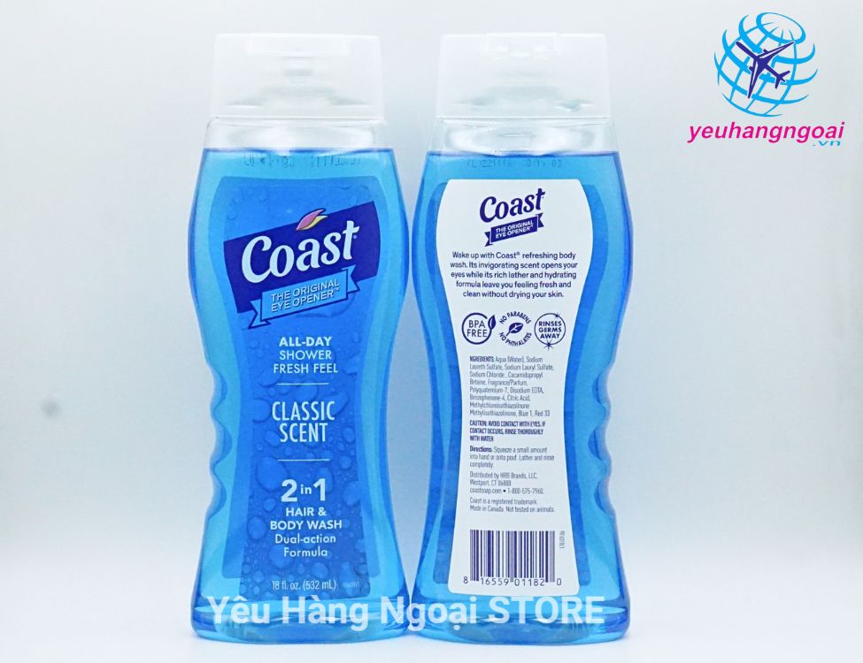 Sữa Tắm Gội Cho Nam - Coast Hair & Body Wash Classic Scent 2in1 532ML Của Mỹ.