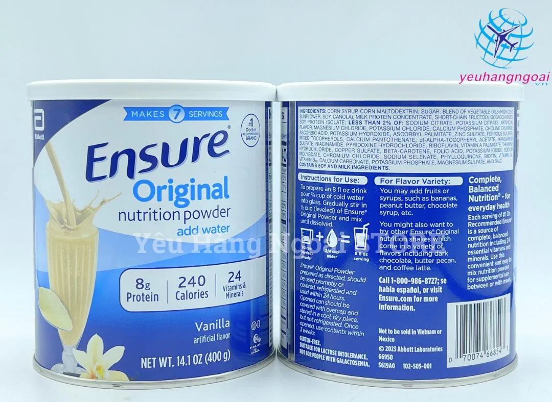 Sữa Bột Ensure 400g Của Mỹ. Mặt Trước Mặt Sau