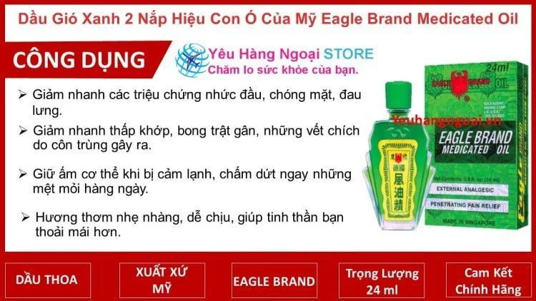 Dau Gio Xanh 2 Nap Eagle Brand Medicated Oil 24ml Cua My