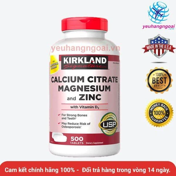 Viên uống bổ sung Canxi, Magie và Kẽm với Vitamin D3-Calcium Citrate Magnesium and Zinc with Vitamin D3- 500 viên của Kirkland Mỹ