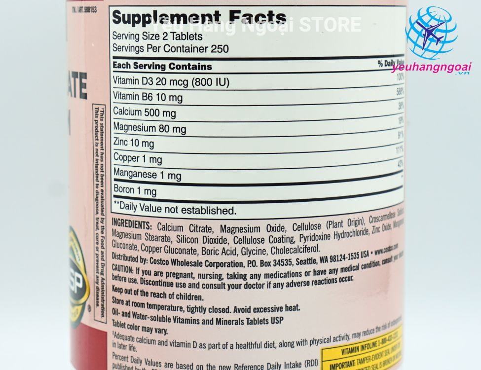 Thanh Phan Viên Uống Bổ Sung Canxi, Magie, Kẽm Và Vitamin D3 Kirkland Calcium Citrate Magnesium And Zinc With Vitamin D3 500 Viên Của Mỹ.