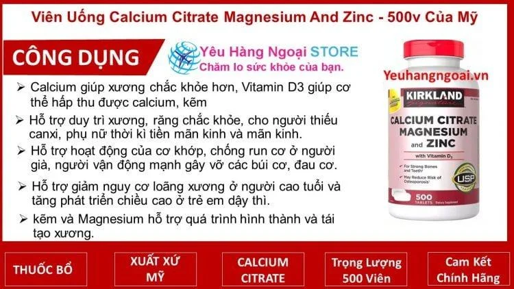 Viên Uống Bổ Sung Canxi, Magie, Kẽm Và Vitamin D3 Kirkland Calcium Citrate Magnesium And Zinc With Vitamin D3 500 Viên Của Mỹ. 4 Công Dụng Viên Uống Bổ Sung Canxi, Magie, Kẽm Và Vitamin D3 Kirkland Calcium Citrate Magnesium And Zinc With Vitamin D3 500 Viên Của Mỹ.