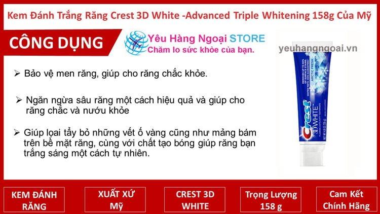 Kem Danh Trang Rang Crest 3D White Advanced Triple Whitening 158G Cua My