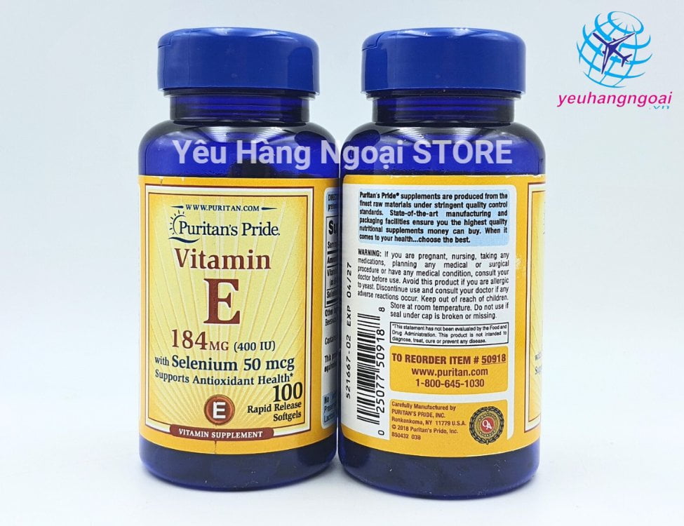 Vitamin E 184mg (400 IU) With Selenium 50 mcg 100 Viên Của Puritan's Pride Mỹ.