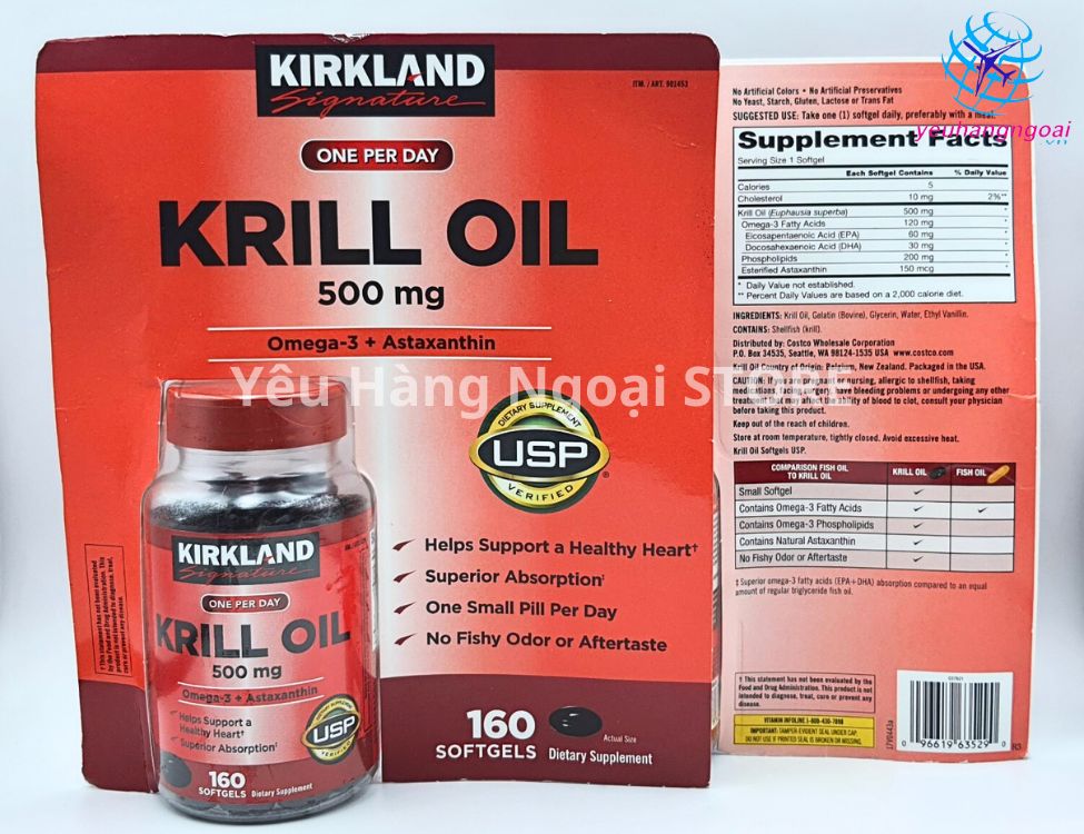 Dầu Nhuyễn Thể (Dầu Tôm) Krill Oil 500Mg 160 Viên Của Kirkland Signature Mỹ.