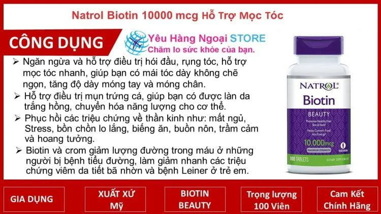 Natrol Biotin 10000mcg 100 Viên Hỗ Trợ Mọc Tóc, Móng Chắc Khỏe Của Mỹ. 5 Slide1