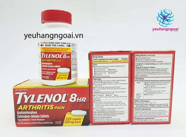 Hình Thật Mặt Trước Sau Viên Uống Giảm Đau Tylenol 8Hr Arthritis Pain 650Mg 225 Viên