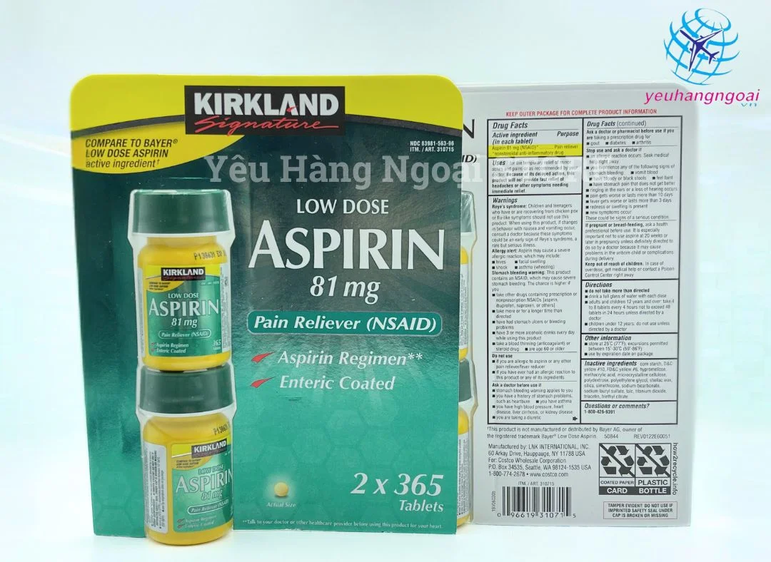Viên Uống Phòng Đột Quỵ, Giảm Đau, Hạ Sốt Aspirin 81mg 365 Viên Của Kirkland Signature Mỹ. 2 Viên Uống Phòng Đột Quỵ, Giảm Đau, Hạ Sốt Aspirin 81mg 365 Viên Của Kirkland Signature Mỹ Mặt Trước Mặt Sau