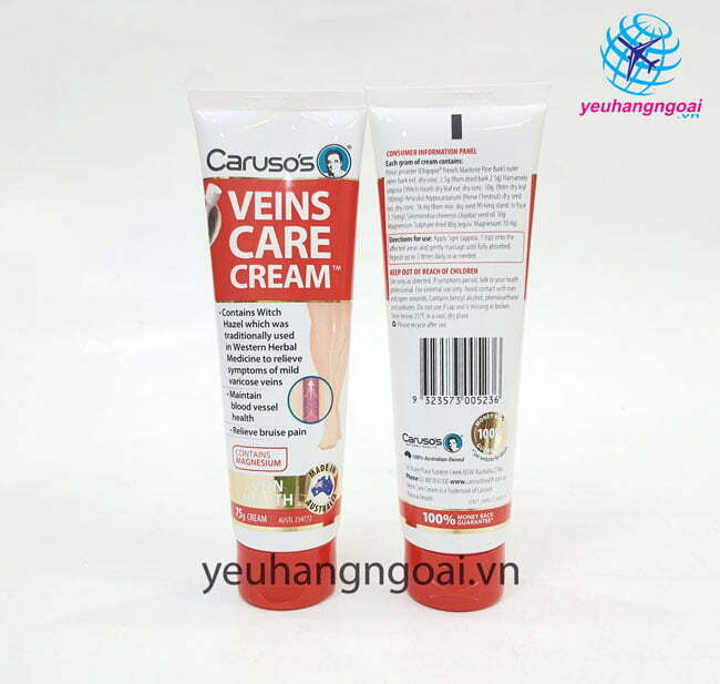 Hình Thật Mặt Trước Sau Kem Bôi Caruso’s Veins Care Cream 75G.