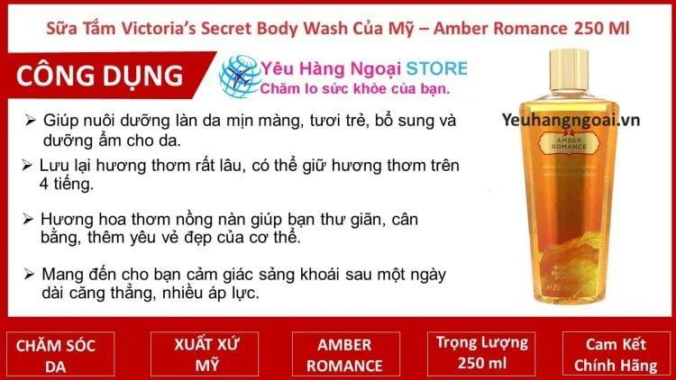 Sua Tam Victoria’s Secret Body Wash Cua My Amber Romance 250 Ml Công dụng Sữa Tắm Victoria's Secret Body Wash Amber Romance 250ml Của Mỹ.