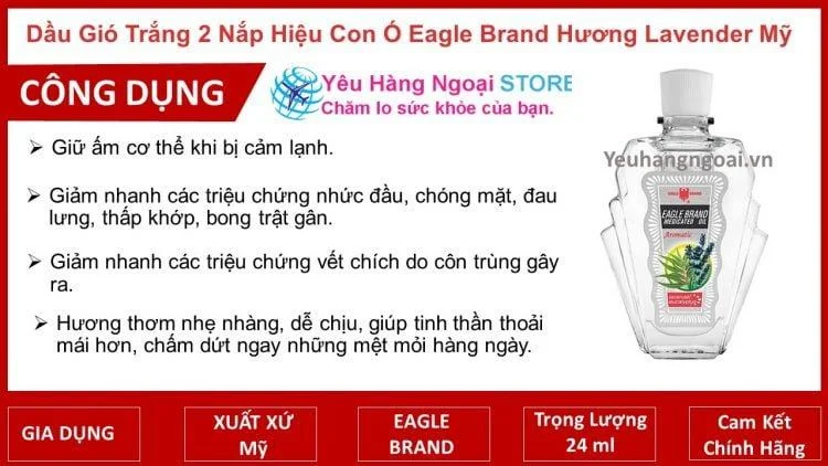 Dau Gio Trang Con O Eagle Brand Medicated Oil Aromatic Lavender Eucalyptus 24ml Cua My Cong dung cua dau gio trang Eagle Brand huong Lavender My