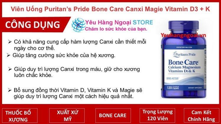 Viên uống chống loãng xương Bone Care Canxi Magie Vitamin D3 + K 2 Puritans Pride Bone Care Canxi Magie Vitamin D3 K