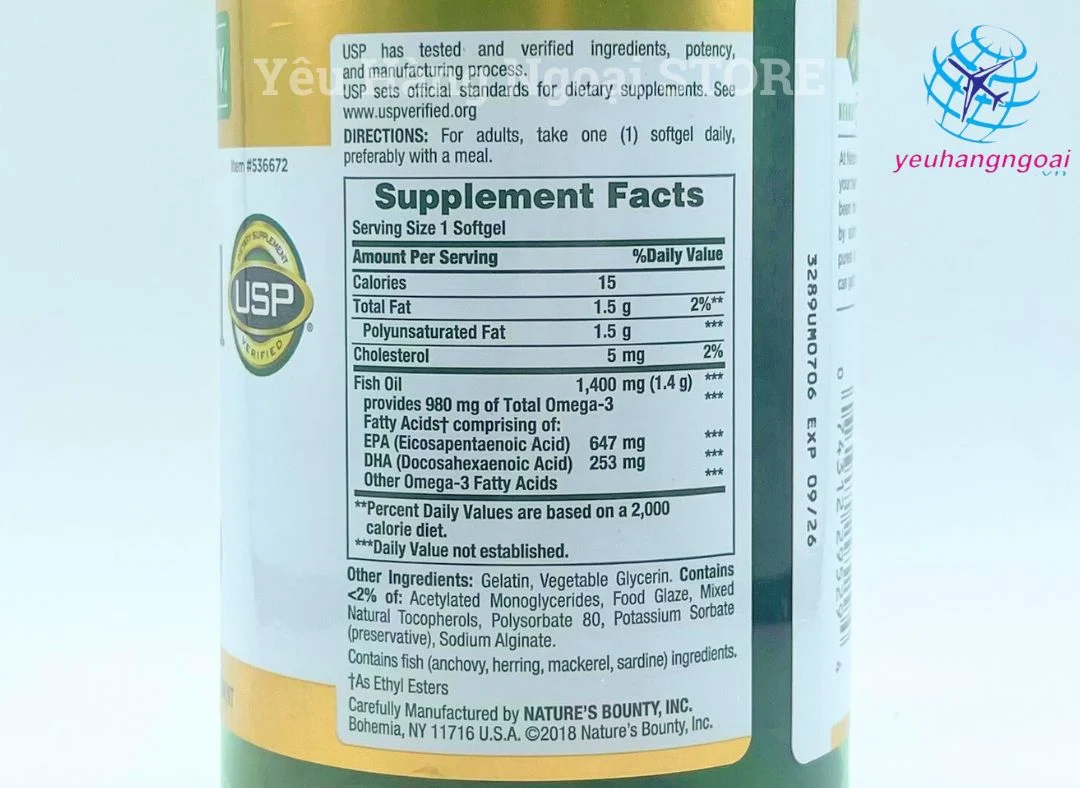 Viên Uống Dầu Cá Fish Oil 1400mg (980mg Of Omega 3) Viên Uống Dầu Cá Fish Oil 1400mg (980mg Of Omega 3) 130 Viên Của Nature’s Bounty Mỹ Thành Phần