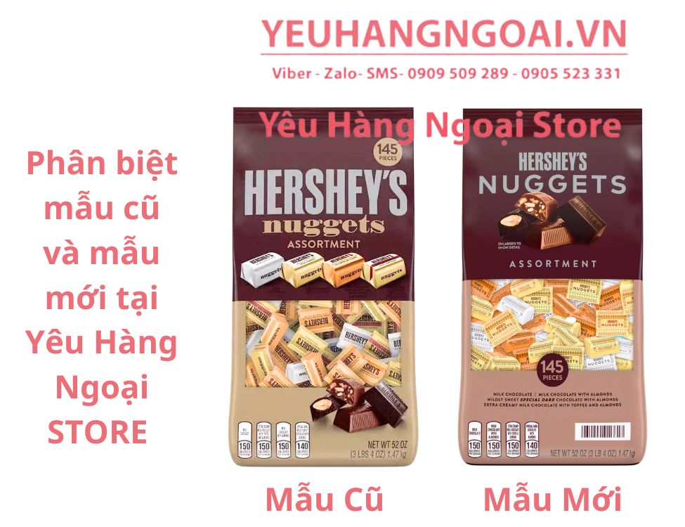 Socola Hỗn Hợp 4 Vị Chocolate Hershey's Nuggets 145 Viên Của Mỹ. 1 Mẫu Cũ và Mẫu Mới Socola Hỗn Hợp 4 Vị Chocolate Hershey's Nuggets 145 Viên Của Mỹ.