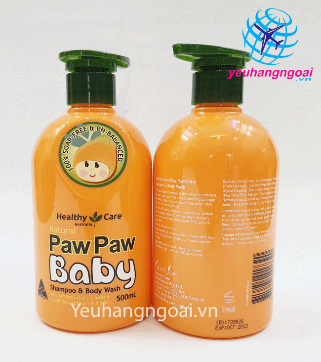 Hình Thật Mặt Trước Và Sau Sữa Tắm Gội Paw Paw Baby Healthy Care 500Ml Úc.