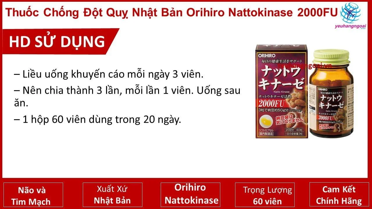 Viên Uống Hỗ Trợ - Phòng Chống Đột Quỵ Orihiro Nattokinase 2000FU 60 Viên Của Nhật Bản. 6 Hd Sử Dụng Thuốc đột Quỵ