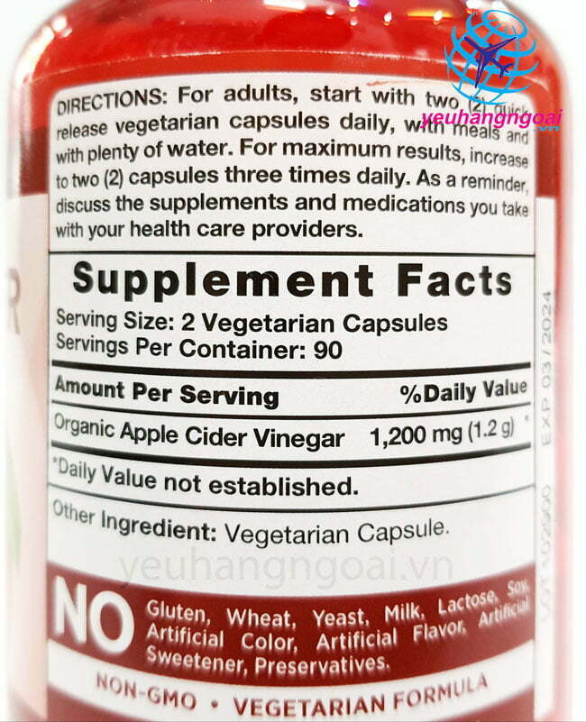 Hình Thật Thành Phần Viên Giấm Táo Hữu Cơ Apple Cider Vinegar 1200Mg 180 Viên Của Mỹ