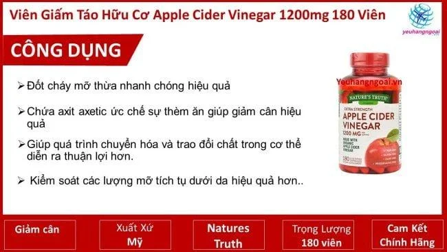 Giam tao huu co Apple Cider Vinegar 1200mg Cong dụng giam tao huu co Apple Cider Vinegar 1200mg