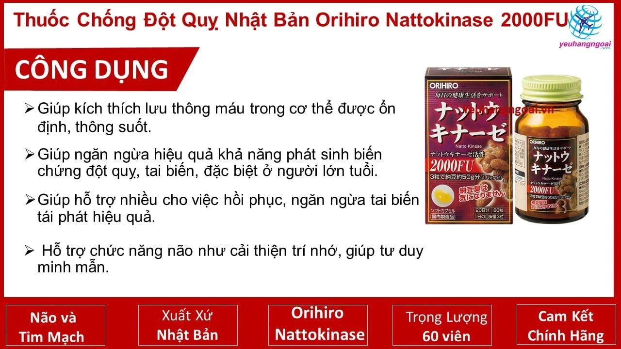 Viên Uống Hỗ Trợ - Phòng Chống Đột Quỵ Orihiro Nattokinase 2000FU 60 Viên Của Nhật Bản. 4 Công Dụng Thuốc đột Quỵ