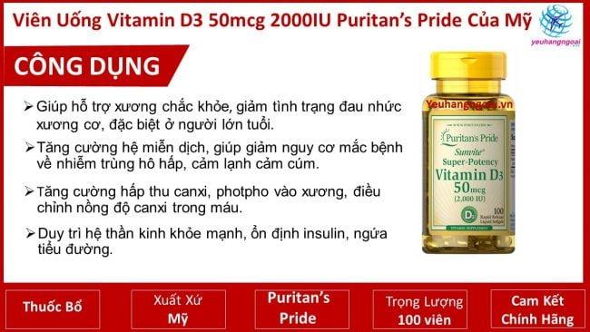 Viên Uống Vitamin D3 50Mcg 2000Iu Puritan’s Pride Của Mỹ
