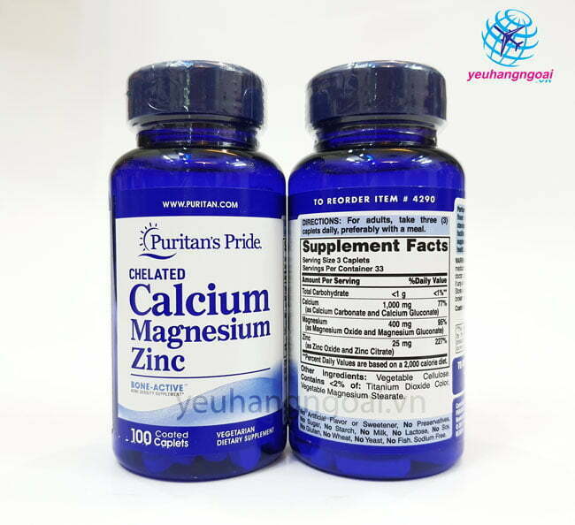 Hình Thật Mặt Trước Sau Viên Uống Bổ Sung Canxi Puritan’s Pride Calcium Magnesium Zinc 100 Viên