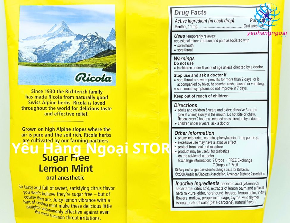 Thành Phần Kẹo Ngậm Thảo Mộc Trị Ho Không Đường Vị Chanh Bạc Hà Ricola Lemon Mint Sugar Free 105 Viên Của Mỹ.