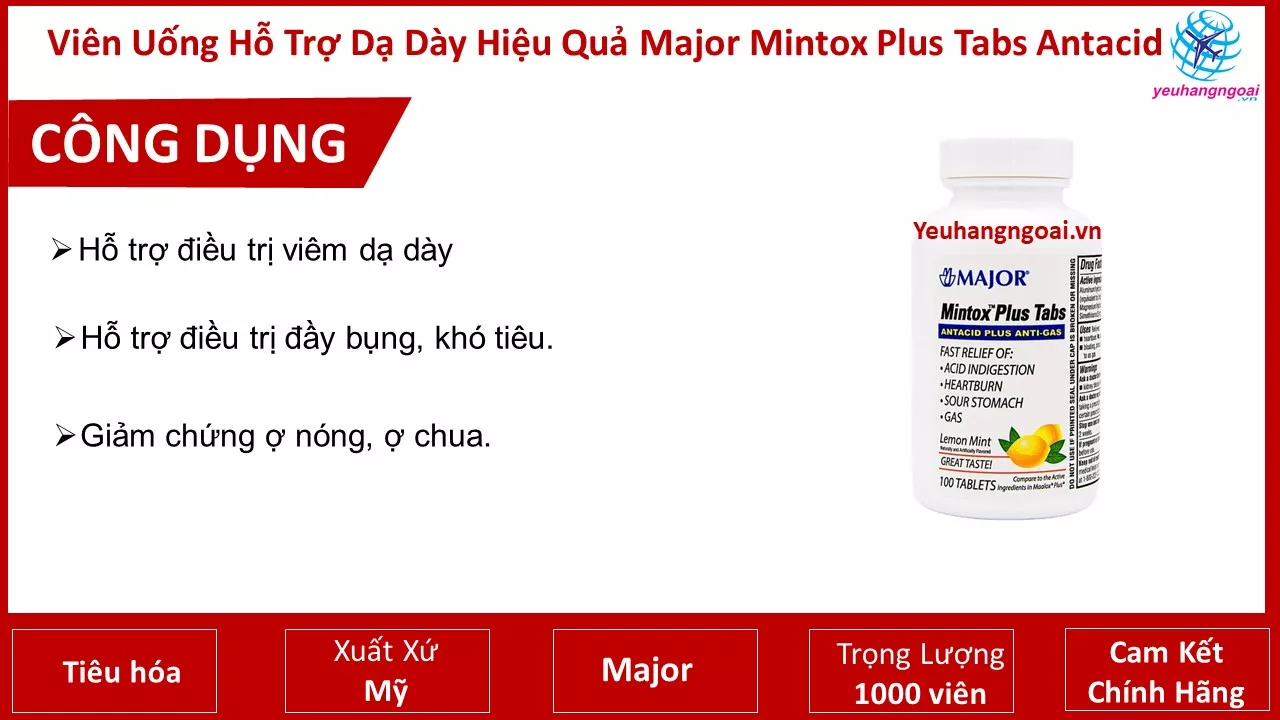 Viên Nhai Hỗ Trợ Dạ Dày Major Mintox Plus Tabs Antacid 100 viên Của Mỹ 4 Công Dụng