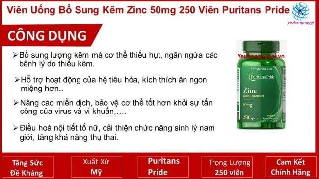 Viên uống bổ sung kẽm Zinc 50mg 250 viên Puritans Pride của Mỹ 4 Công Dụng