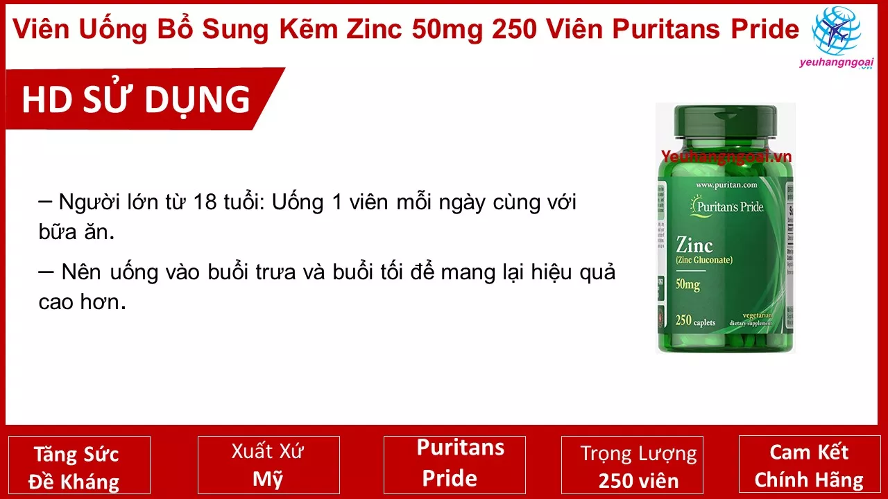 Viên uống bổ sung kẽm Zinc 50mg 250 viên Puritans Pride của Mỹ 5 Hdsd
