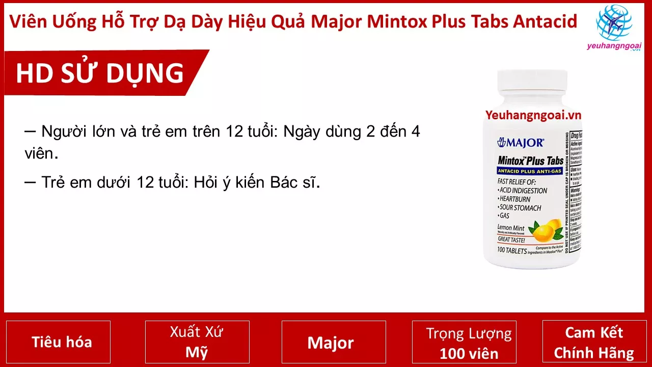 Viên Nhai Hỗ Trợ Dạ Dày Major Mintox Plus Tabs Antacid 100 viên Của Mỹ 6 Hdsd