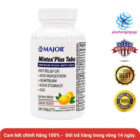 Viên Nhai Hỗ Trợ Dạ Dày Major Mintox Plus Tabs Antacid Plus Anti-Gas 100 Viên Của Mỹ. 1 major-mintox