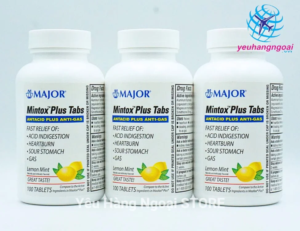Viên Nhai Hỗ Trợ Dạ Dày Major Mintox Plus Tabs Antacid 100 viên Của Mỹ 3 Mintox Plus Tabs Antacid Plus Anti Gas Major 100 Tablets