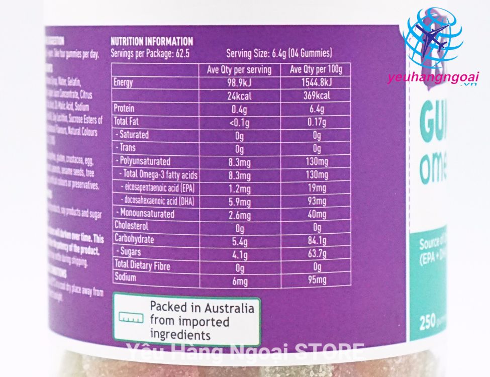 Thành Phần Kẹo Dẻo Gummy Omega-3 Cho Bé Trên 2 Tuổi Của Healthy Care Úc 250 Viên.