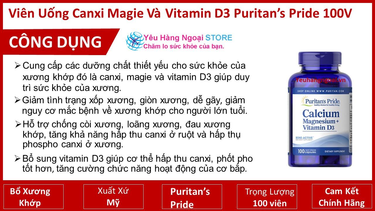 Viên Uống Bổ Sung Canxi Magie Và Vitamin D3 Puritan’s Pride 100 V