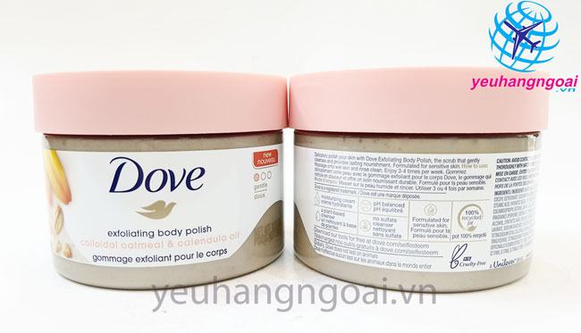 Hình Thật Mặt Trước, Sau Tẩy Tế Bào Chết Body Dove Exfoliating Body Polish Colloldal Oatmeal &Amp; Calendula Oil 298G Của Mỹ