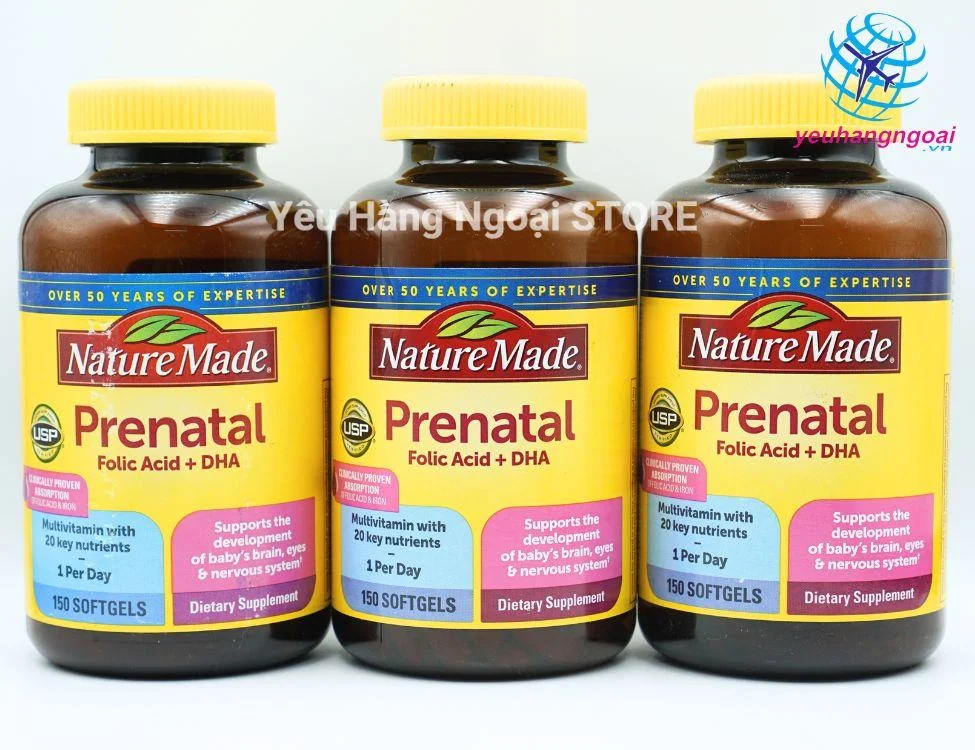 Vitamin tổng hợp cho bà bầu Prenatal Multi+DHA 150 viên của Mỹ 3 Vitamin Tổng Hợp Dành Cho Mẹ Bầu Prenatal Folic Acid + Dha 150 Viên Của Nature Made Mỹ