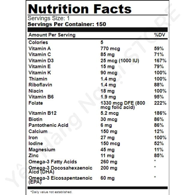 Vitamin Tổng Hợp Cho Bà Bầu Prenatal Folic Acid + DHA 150 Viên Của Nature Made Mỹ. 4 thanh phan Nature Made Prenatal Multi DHA