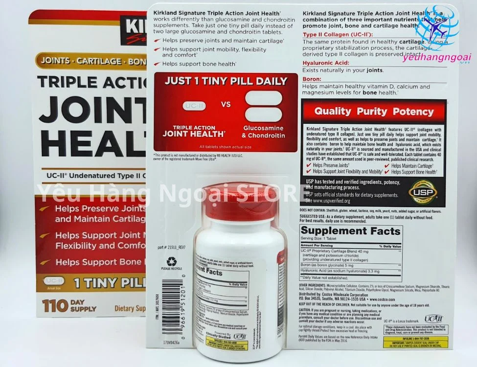 Triple Action Joint Health Kirkland Signature (2) Viên Uống Giảm Đau, Bổ Xương Khớp Triple Action Joint Healthy 110 Viên Của Kirkland Signature Mỹ.
