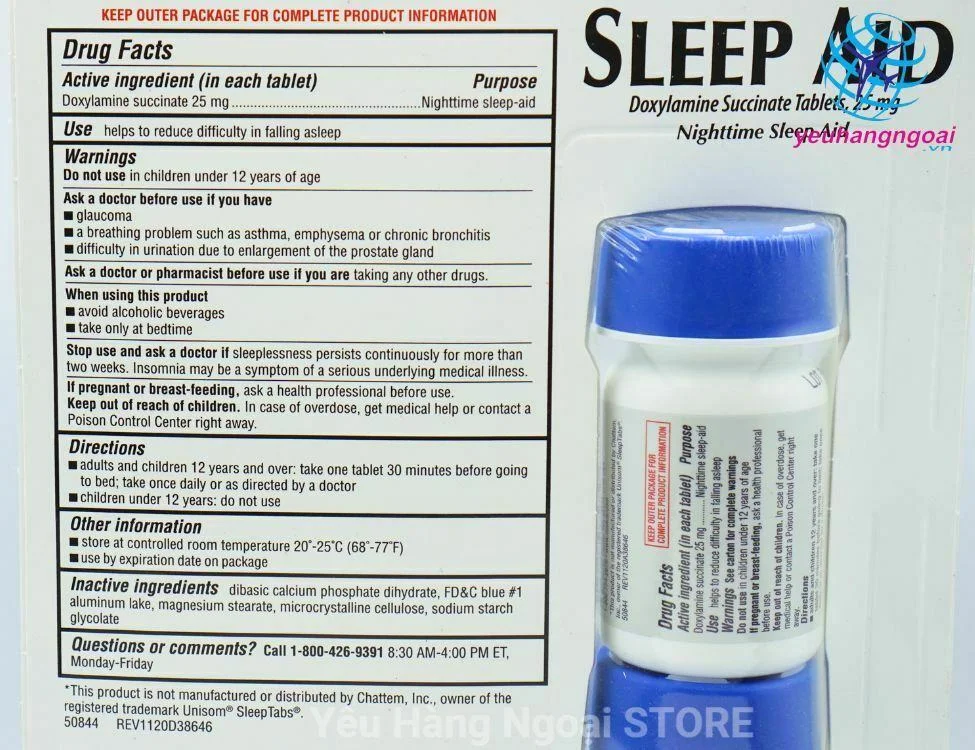 Thanh phan vien uong ho tro giac ngu Sleep Aid 25mg Kirkland 192 vien cua My