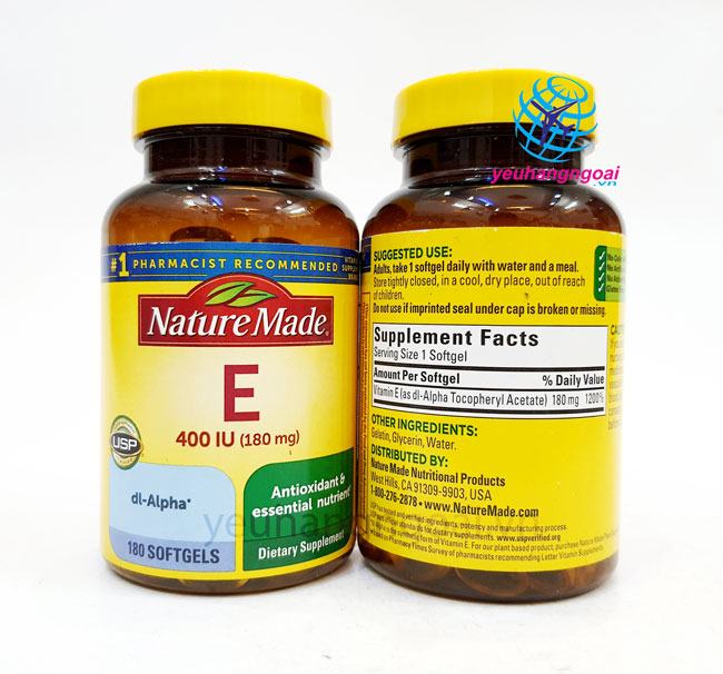 Hình Thật Mặt Trước Sau Viên Uống Vitamin E 400Iu 180 Viên Nature Made