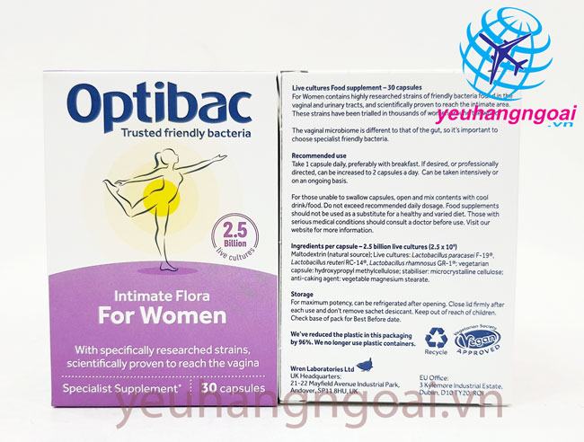 Hìinh Thật Mặt Trước Và Mặt Sau Men Vi Sinh Phụ Khoa Optibac Probiotic 30 Viên