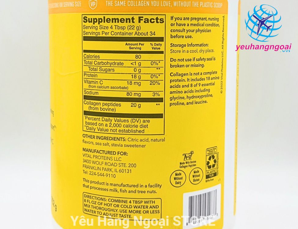 Thành Phần Bột Collagen Thủy Phân Vital Proteins Collagen Peptides Lemon 752G Vị Chanh Của Mỹ.