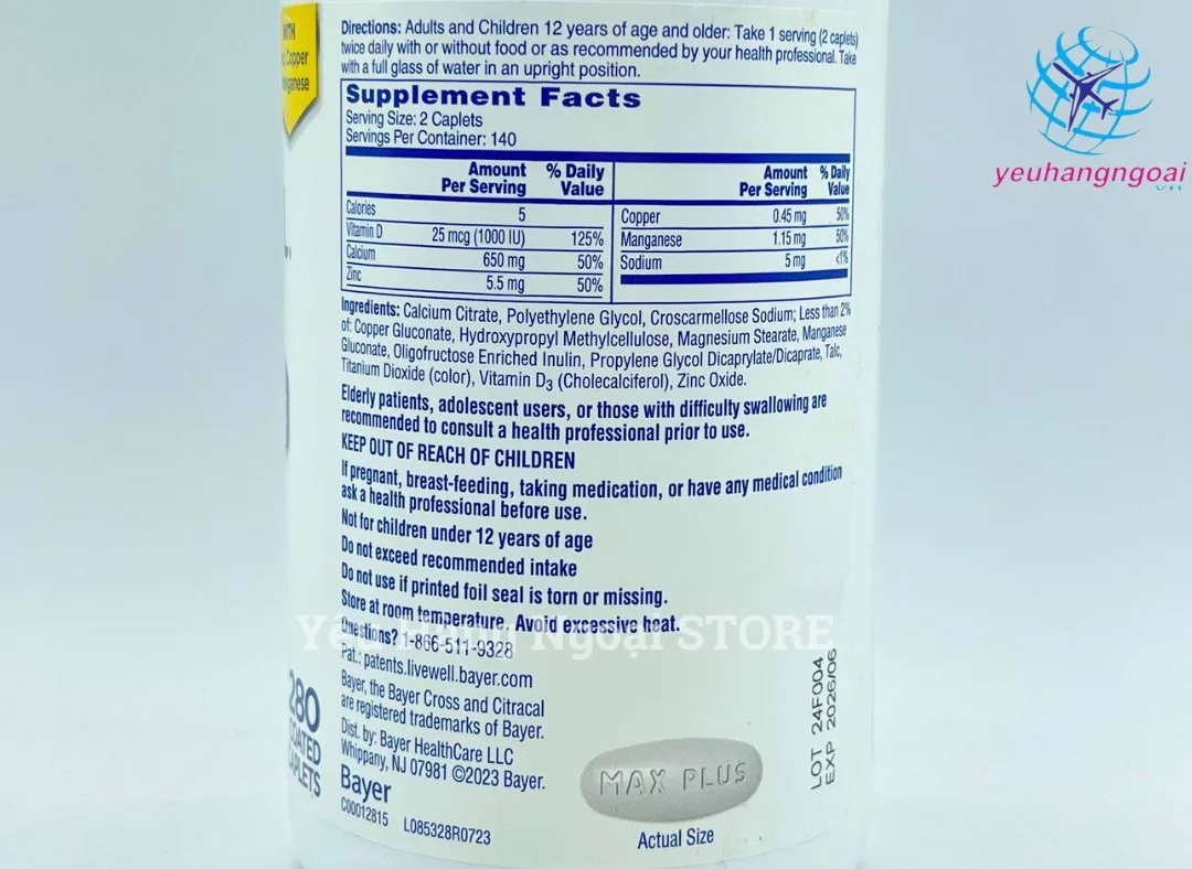Viên Uống Bổ Sung Canxi Hỗ Trợ Xương Khớp Citracal Calcium Maximum Plus 280 viên. 2 Canxi Citracal 280 Viên (4)