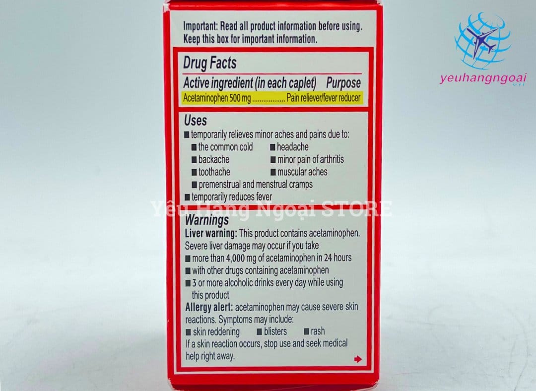Viên Uống Giảm Đau, Hạ Sốt Tylenol Extra Strength 500mg 24 Viên Của Mỹ. 3 Tylenol 500mg 24 Viên (3)